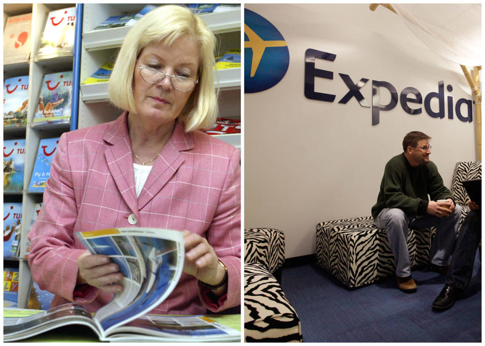 <b>Travel Agent</b> <br> <br> Travel agent, Gabriele Herlitschka leafing through an Asia and Australia travel catalogue in her travel agency office in 2002, in Duesseldorf, Germany, and right, Expedia worker Mike Brown in an alcove set up for employees in 2013, in Bellevue, Wash. The number travel agents fell 46 percent from 142,000 to 76,000 in ten years through 2010. BLS Job Outlook, 2010-20: 10% <br><br> Employment Change, 2010-20: 8,300