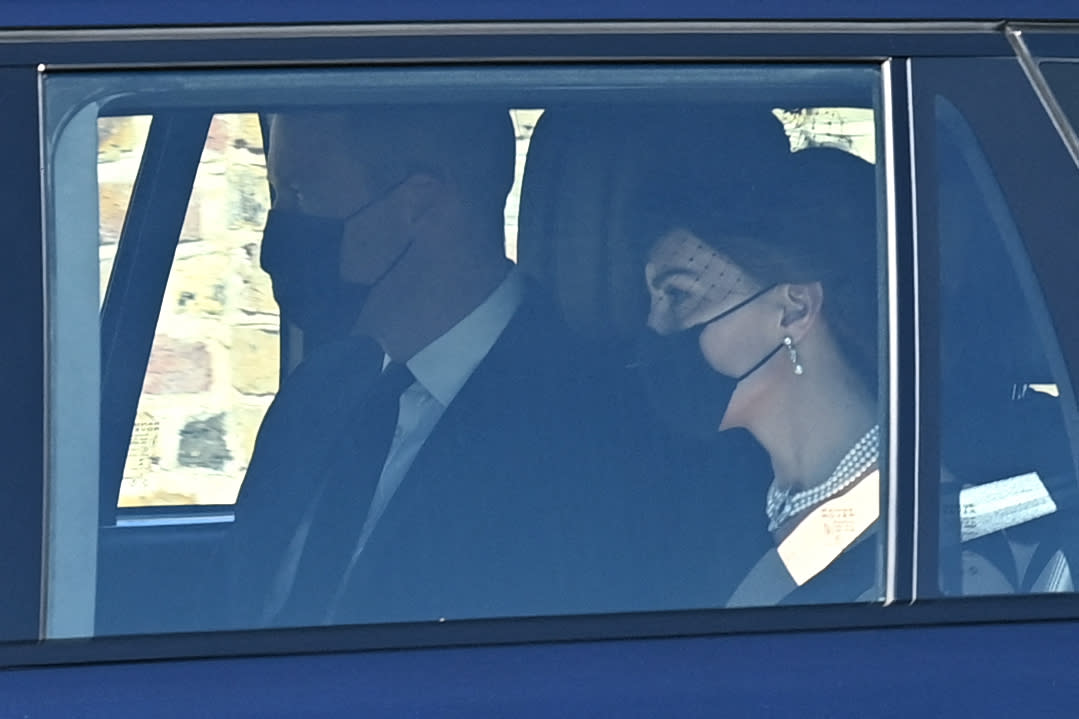 Britain's Prince William, Duke of Cambridge and Britain's Catherine, Duchess of Cambridge arrive for the funeral service of Britain's Prince Philip, Duke of Edinburgh in Windsor Castle in Windsor, west of London, on April 17, 2021. - Philip, who was married to Queen Elizabeth II for 73 years, died on April 9 aged 99 just weeks after a month-long stay in hospital for treatment to a heart condition and an infection. (Photo by Glyn KIRK / POOL / AFP) (Photo by GLYN KIRK/POOL/AFP via Getty Images)