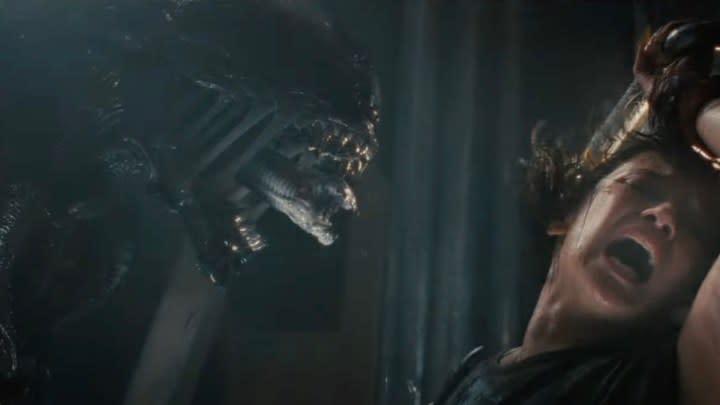 An alien Xenomorph closes in on his prey in Alien: Romulus.