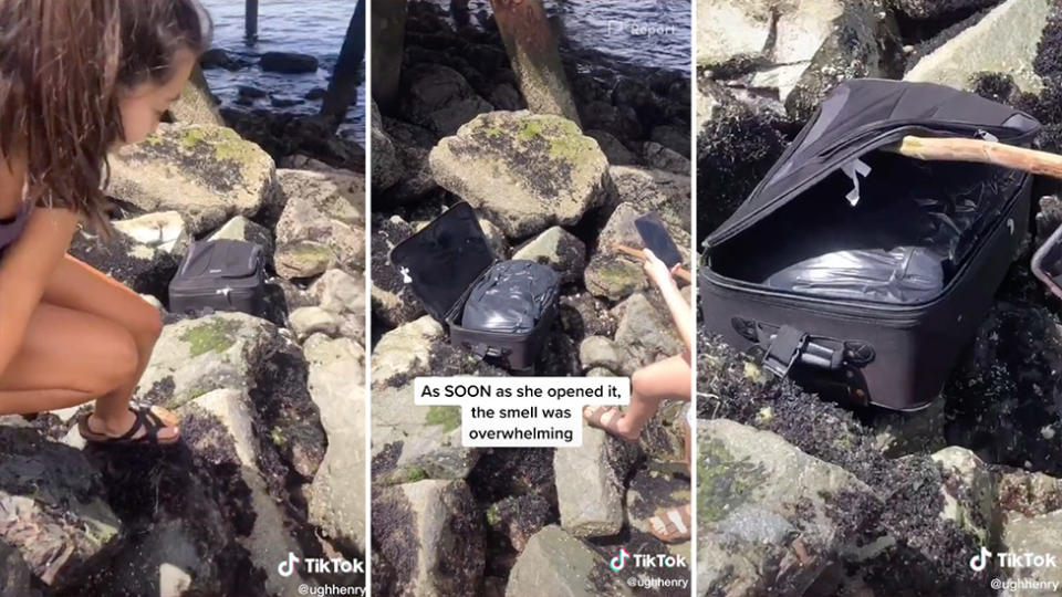 A group of teenagers found a suitcase on a beach in West Seattle, which police confirmed contained human remains. Source: TikTok/ughhenry