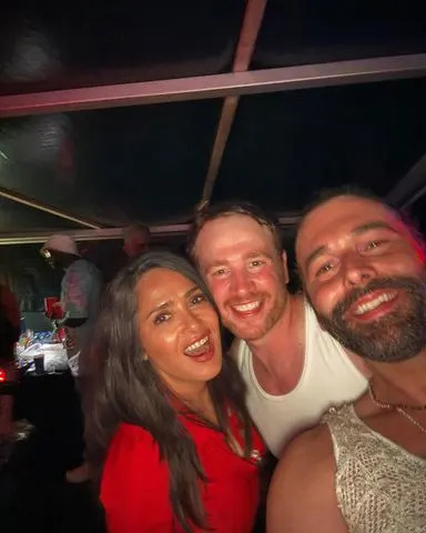 <p>Jonathan Van Ness/instagram</p> Salma Hayek, Mark Peacock and Jonathan Van Ness on June 21, 2024 in London, England.