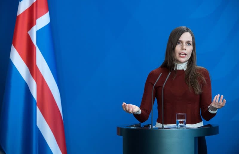 Icelandic Prime Minister Katrin Jakobsdottir attends a press conference with then German Chancellor Angela Merkel (not pictured). Jakobsdottir plans to resign in order to run for the presidency. Bernd von Jutrczenka/dpa