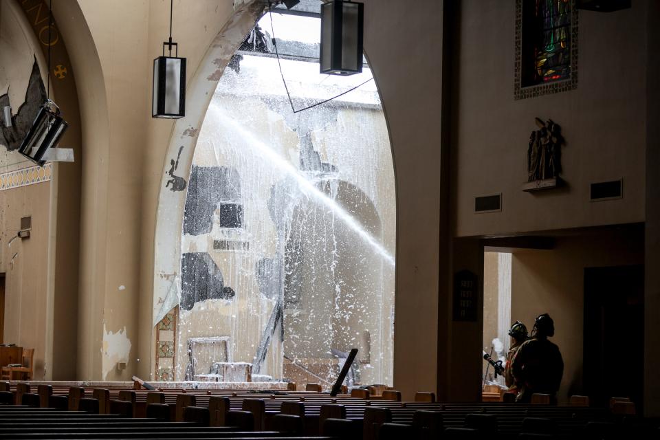 Salem Fire puts out remaining hot spots at a structure fire at St. Joseph's Catholic Church. Salem Police have determined the fire was arson.