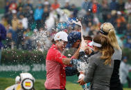 Golf - LPGA KEB Hana Bank Championship - Play-off Round - Incheon, South Korea - 16/10/16. Carlota Ciganda of Spain celebrates on the eighteenth green after winning. REUTERS/Kim Hong-Ji