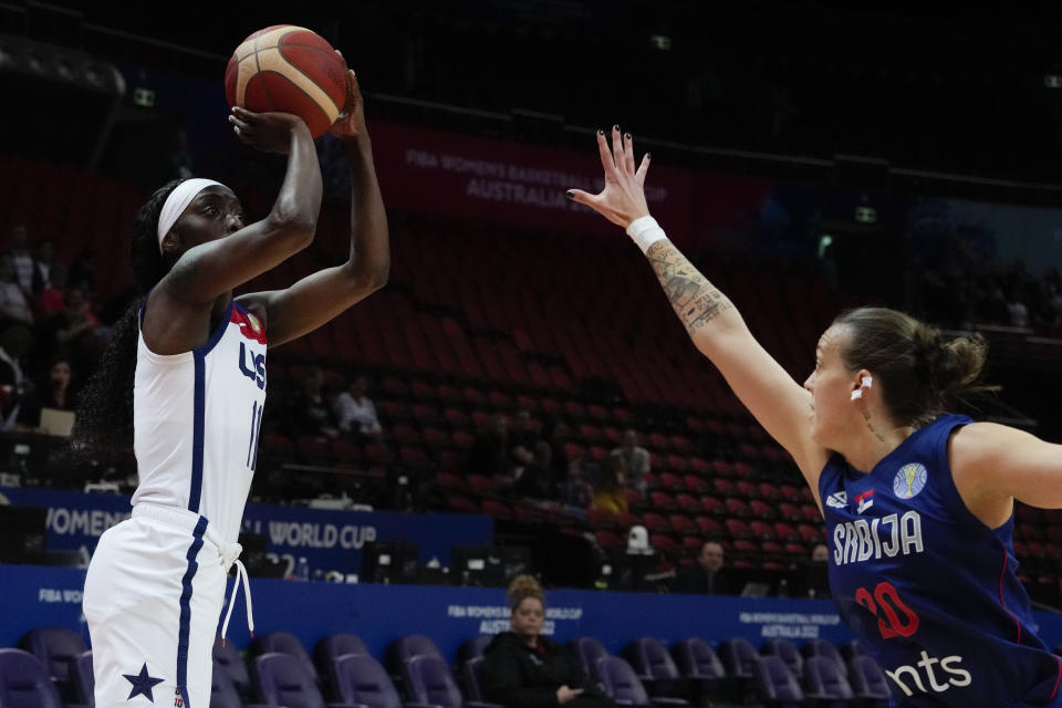 United States' Kahleah Copper shoots for goal as Serbia's Kristina Topuzovic attempts to block during their quarterfinal game at the women's Basketball World Cup in Sydney, Australia, Thursday, Sept. 29, 2022. (AP Photo/Mark Baker)
