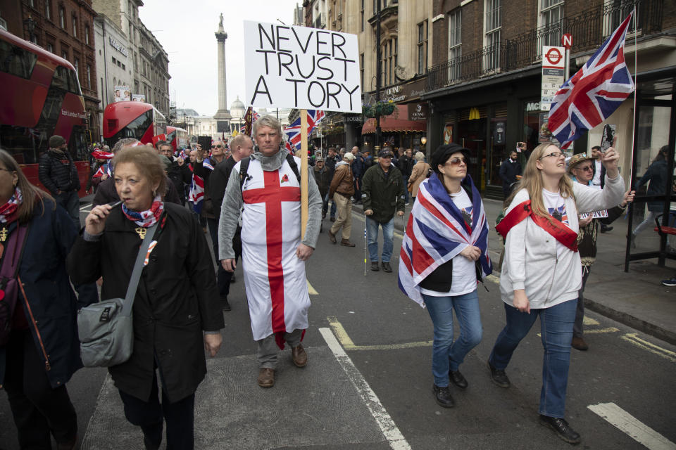 Pro Brexit anti European Union Leave protesters demonstrating in Westminster on what, prior to another Brexit Day extension, would have been the day the UK was scheduled to leave the EU, and instead political parties commence campaigning for a General Election on 31st October 2019 in London, England, United Kingdom. Brexit is the scheduled withdrawal of the United Kingdom from the European Union. Following a June 2016 referendum, in which 51.9% of participating voters voted to leave. (photo by Mike Kemp/In Pictures via Getty Images)