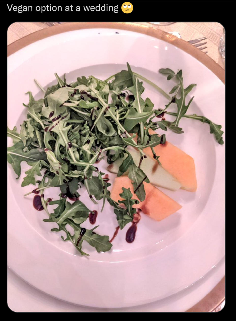 A photo of a plate of lettuce and sliced melon with the caption 