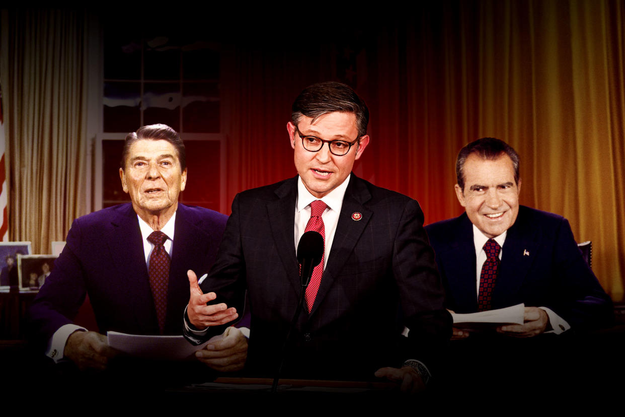 Ronald Reagan, Mike Johnson and Richard Nixon Photo illustration by Salon/Getty Images