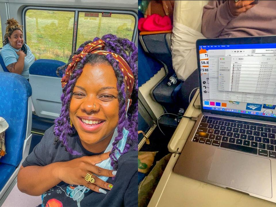 sojourner white and her sister smiling in their seats in the left photo, laptop on the right