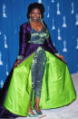 <b>Whoopi Goldberg, 1993</b><br>Look, she's a comedian, we understand. Her crowning achievement was in "The Color Purple." But a comic take on purple is not Oscar apropos: Abstract floral purple patterns swirled on a green jumpsuit, over which she wore a collared dress cape, purple on the outside, lime green on the very visible inside. Was it reversible? How did she use the ladies' facilities? The mind reeled.