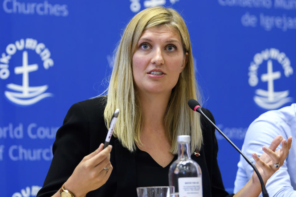 FILE - Beatrice Fihn, of the International Campaign to Abolish Nuclear Weapons, ICAN, speaks during a news conference at the headquarters of the International Campaign to Abolish Nuclear Weapons in Geneva, Switzerland, Friday, Oct. 6, 2017. A major United Nations meeting on the landmark nuclear Non-Proliferation Treaty is starting Monday, Aug. 1, 2022, after a long delay due to the COVID-19 pandemic, as Russia’s war in Ukraine has reanimated fears of nuclear confrontation and cranked up the urgency of trying reinforce the 50-year-old treaty. (Martial Trezzini/Keystone via AP, File)