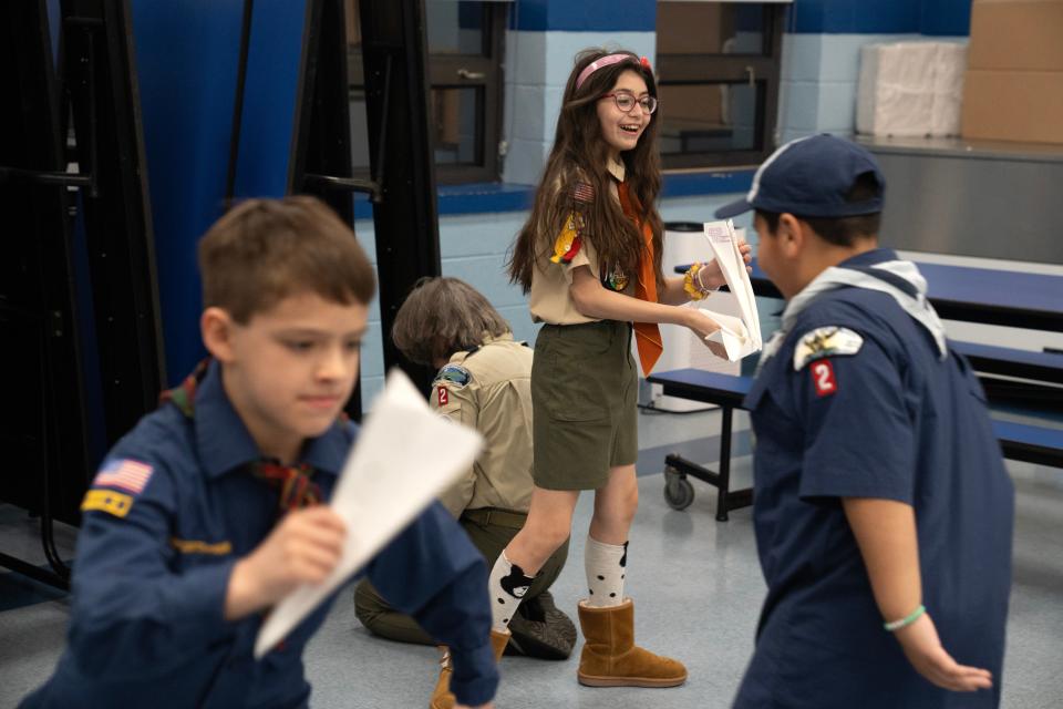 Mar 20, 2024; Prospect Park, NJ, USA; Isabella Rivera during a meeting of Prospect Park Cub Scout Pack 2 at Prospect Park Elementary School.