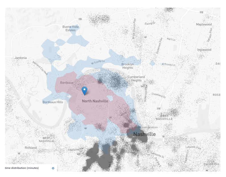 A software-generated map shows the estimated number of jobs (black dots) reachable within a 30-minute ride from the North Nashville Transit Center (marked with a blue pin). Compare Spring 2024 service changes (blue) with previous service in Fall 2024 (red).