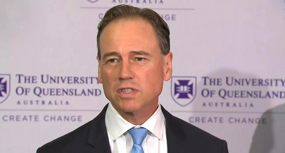 Federal Health Minister Greg Hunt says the University of Queensland's vaccine is on course for a third quarter roll out next year. Source: Nine