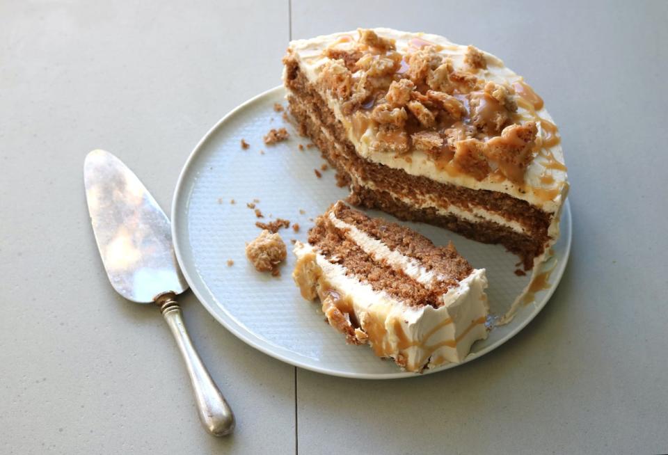 This delicious cake is topped with caramel. 