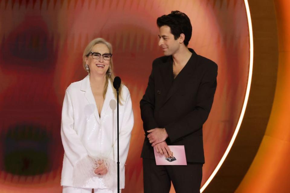 los angeles, california february 04 l r meryl streep and mark ronson speak onstage during the 66th grammy awards at cryptocom arena on february 04, 2024 in los angeles, california photo by kevin wintergetty images for the recording academy