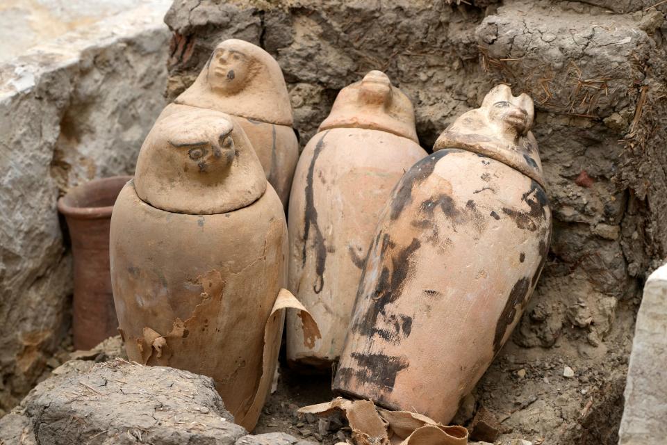 Canopic jars, which were made to contain organs that were removed from the body in the process of mummification, are seen at the site of the Step Pyramid of Djoser in Saqqara, 24 kilometers (15 miles) southwest of Cairo, Egypt, Saturday, May 27, 2023.