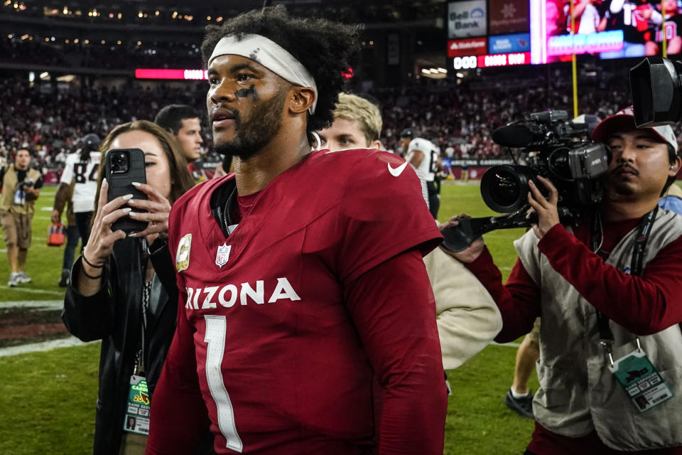 Arizona Cardinals quarterback Kyler Murray (1) leavs the field after an NFL football game against the Atlanta Falcons , Sunday, Nov. 12, 2023, in Glendale, Ariz. The Arizona Cardinals won 25-23. (AP Photo/Ross D. Franklin)