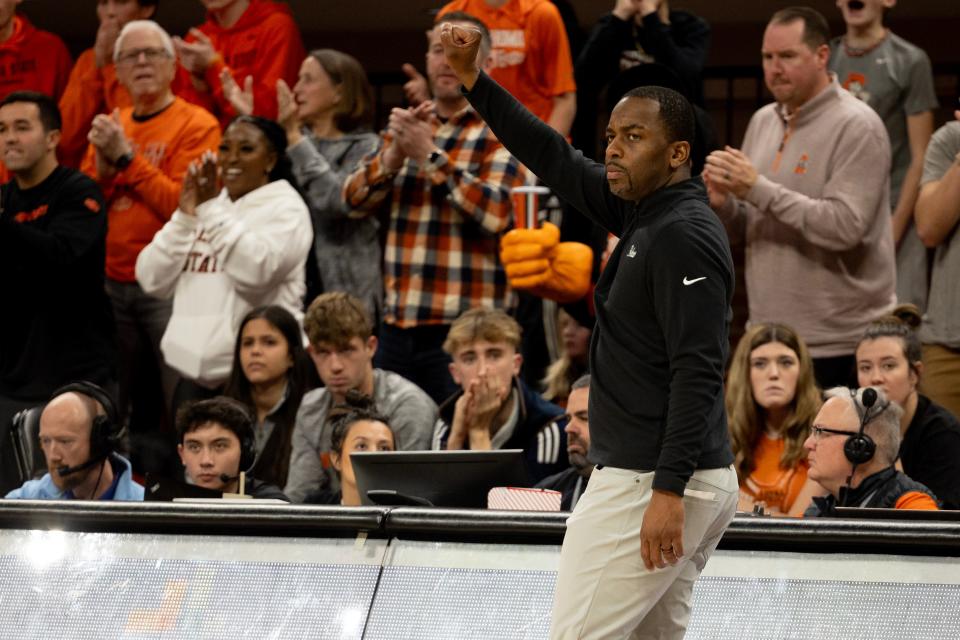 Jan 6, 2024; Stillwater, Okla, USA; Oklahoma State Cowboys head coach Mike Boynton reacts on the baseline in the second half of an NCAA menÕs basketball game against the Baylor Bears at Gallagher-Iba arena. Mandatory Credit: Mitch Alcala-The Oklahoman