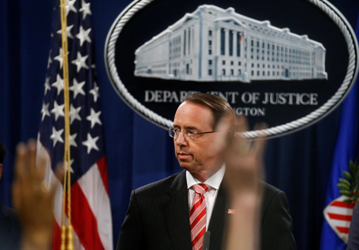 Deputy Attorney General Rod Rosenstein reportedly suggested secretly taping President Donald Trump. A Justice Department source said the comment had been "sarcastic" -- but the former top lawyer at the FBI said he'd considered the remark to be "no laughing matter." (Photo: Leah Millis/Reuters)