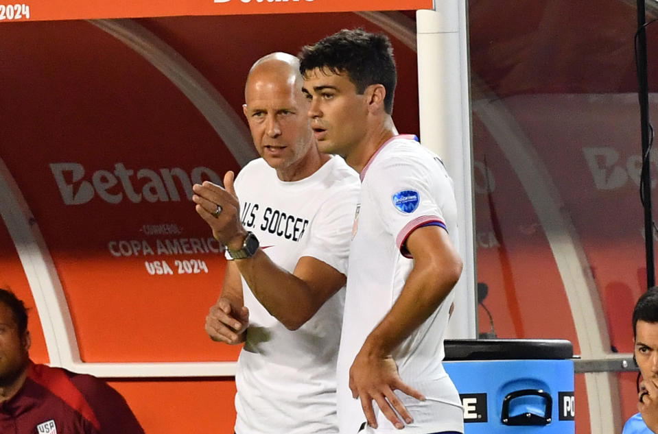 Gregg Berhalter coaches Gio Reyna against Uruguay at the 2024 Copa América. The U.S. lost 1-0 and was eliminated from the tournament. (Bill Barrett/ISI Photos/USSF/Getty Images for USSF)