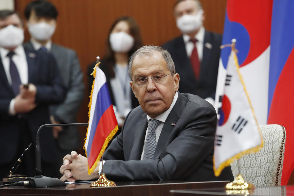 Russian Foreign Minister Sergey Lavrov listens to South Korean Foreign Minister Chung Eui-yong's announcement during a joint announcement at the Foreign Ministry in Seoul, South Korea, Thursday, March 25, 2021. (AP Photo/Ahn Young-joon, Pool)