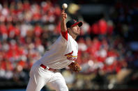 Adam Wainwright #50 of the St Louis Cardinals pitches against the Washington Nationals during Game One of the National League Division Series at Busch Stadium on October 7, 2012 in St Louis, Missouri. (Photo by Jamie Squire/Getty Images)