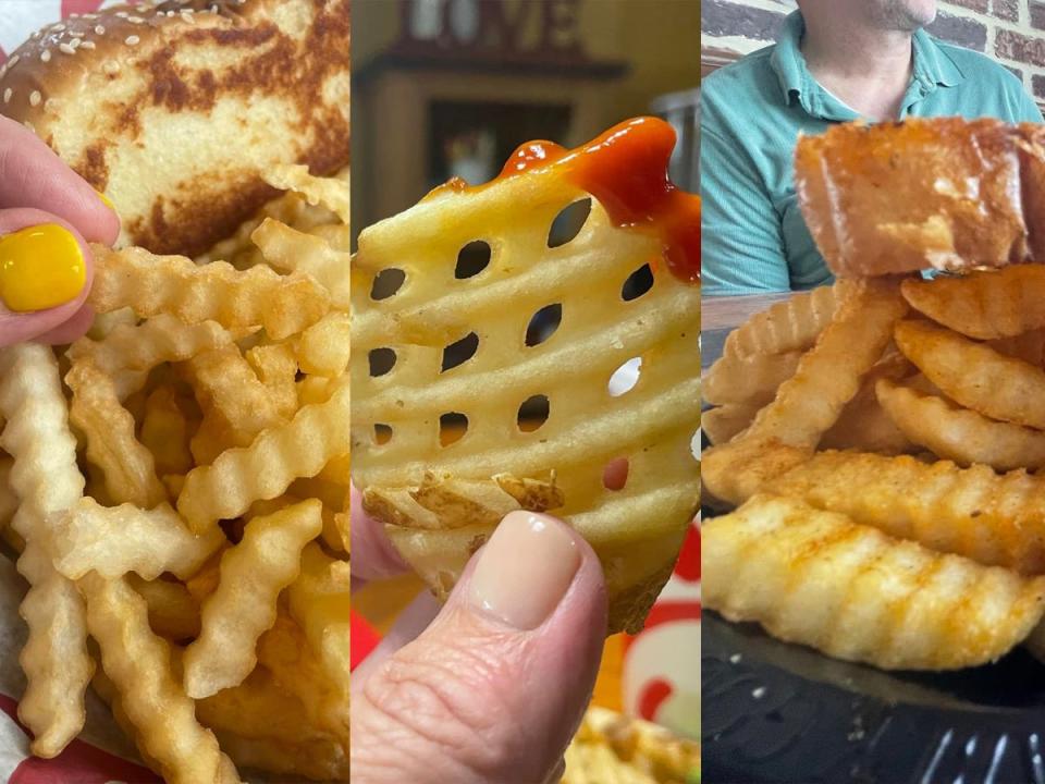 The writer holds a crinkle-cut fry at Raising Cane's; The writer holds a Chick-fil-A waffle fry; Zaxby's crinkle-cut fries on a plate with Texas toast