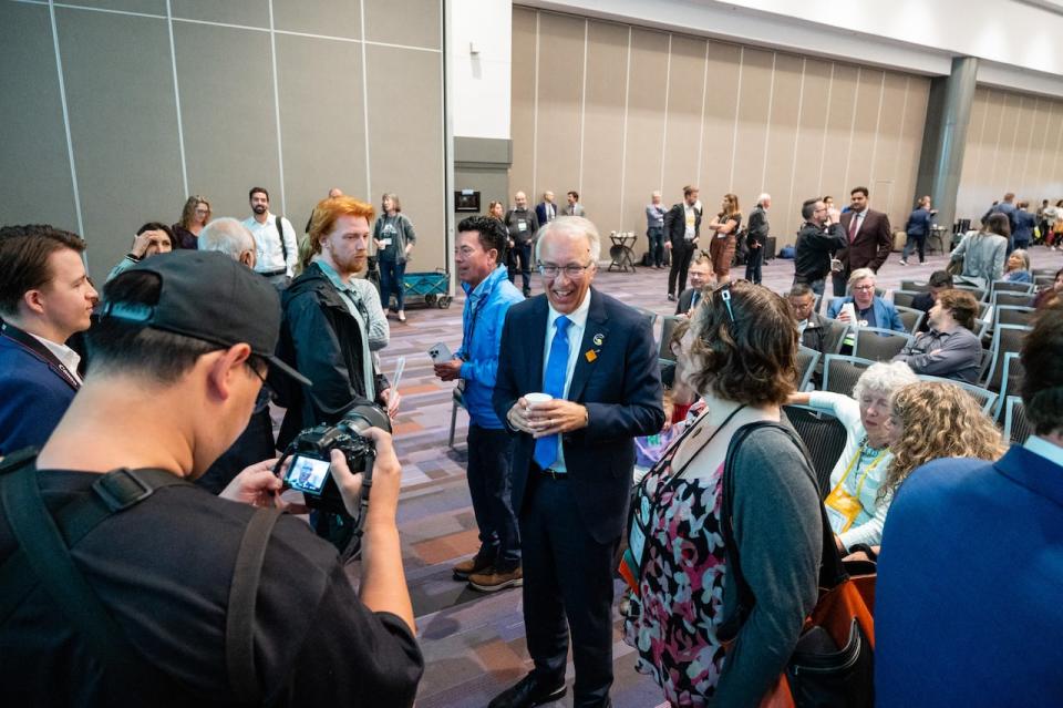 B.C. Conservative Leader John Rustad speaks with delegates at the annual Union of B.C. Municipalities convention in Vancouver on Friday, Sept. 20, 2024.