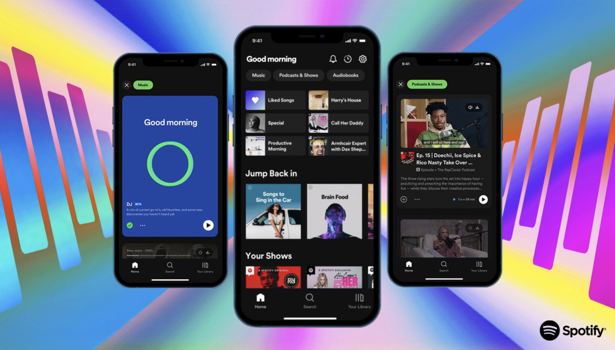  A Spotify promo image showing three smartphones displaying the Spotify homepage and Spotify's DJ feature. 