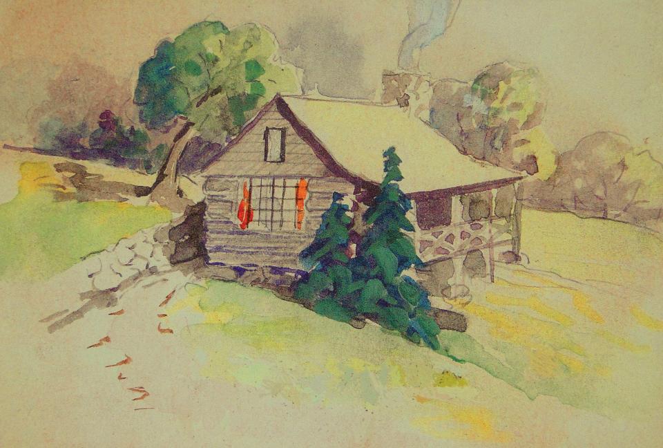 Mayna Avent’s watercolor of her Smokies cabin on a mountainside overlooking Jakes Creek. A two-mile round trip from the upper parking lot of Elkmont, the structure is remote and easily missed.