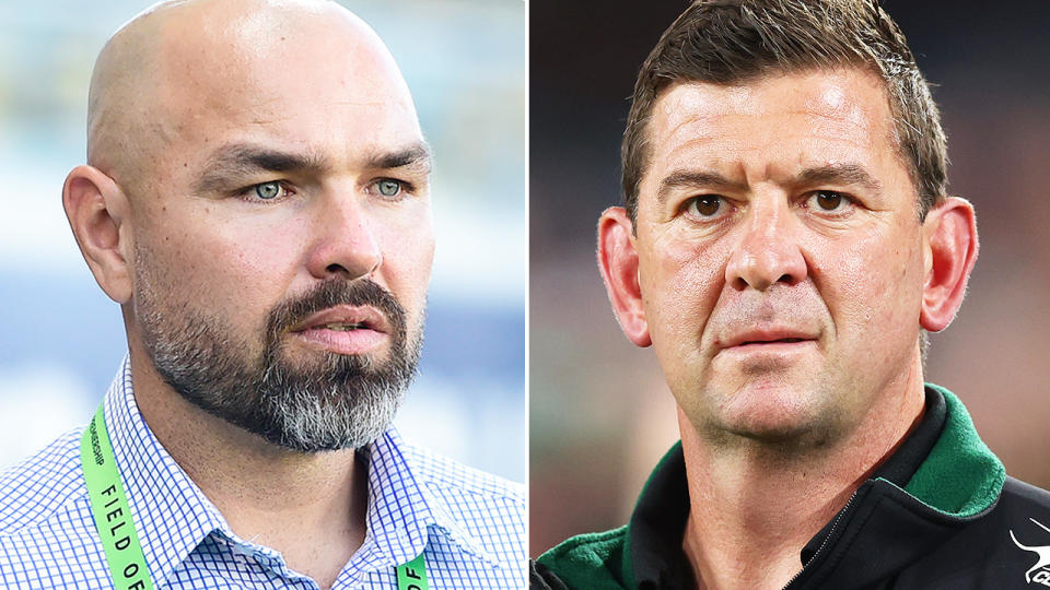 Todd Payten and Jason Demetriou, pictured here after the Cowboys' clash with Souths.