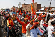 Hindu Yuva Vahini vigilante members take part in a rally in the city of Unnao, India, April 5, 2017. REUTERS/Cathal McNaughton