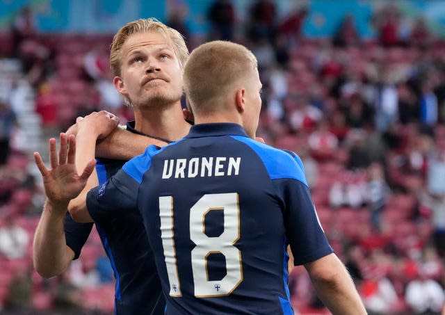 Finland’s Joel Pohjanpalo, (left) celebrates after scoring at Euro 2020 in Copenhagen 