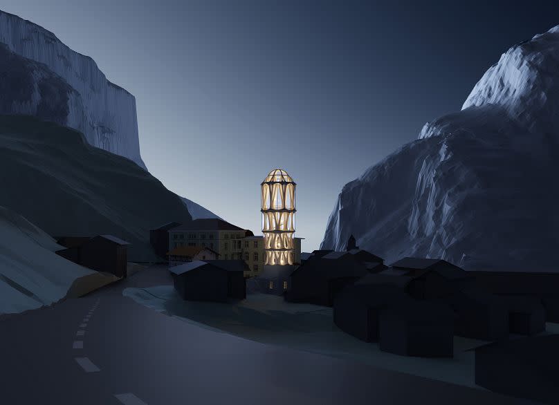 Una proyección en 3D muestra la torre elevándose desde el paso de la montaña Julier al caer la noche.