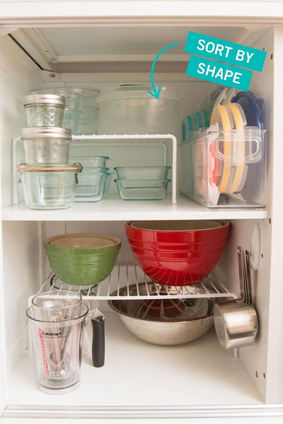 Organize storage containers by size.