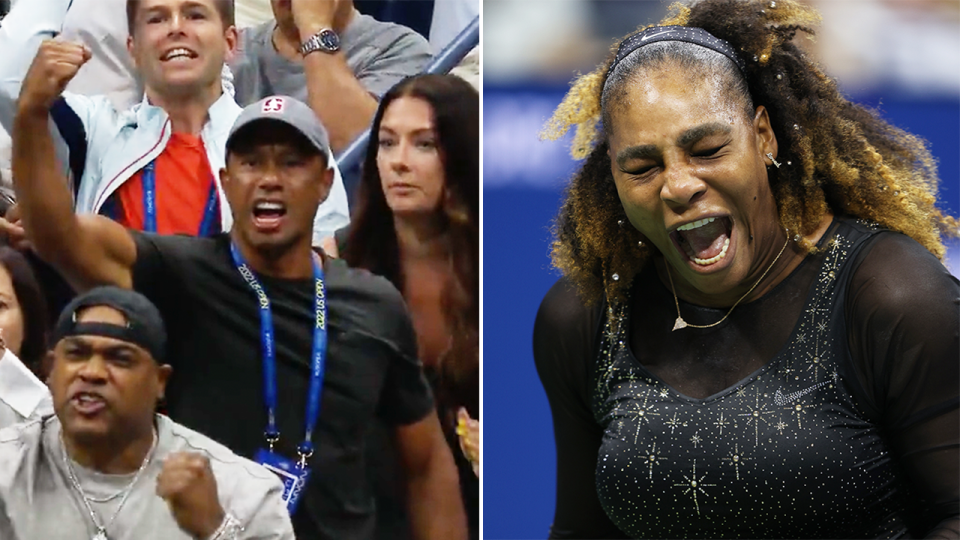 Golf legend Tiger Woods (pictured left) fist-pumps to cheer on Serena Williams and (pictured right) Williams celebrates at the US Open.