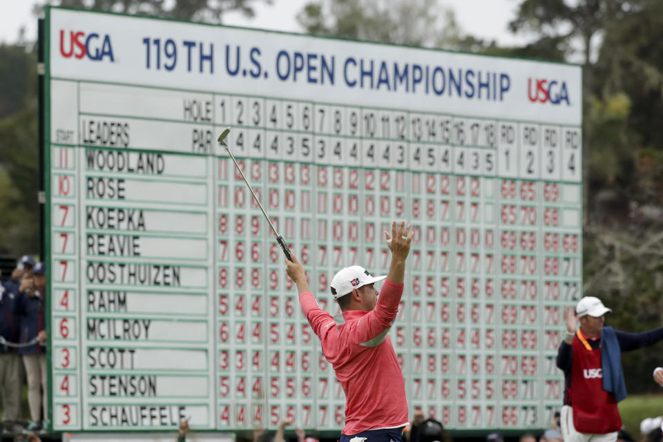 Gary Woodland celebrates after winning the U.S. Open Championship golf tournament Sunday, June 16, 2019, in Pebble Beach, Calif. (AP Photo/Matt York)