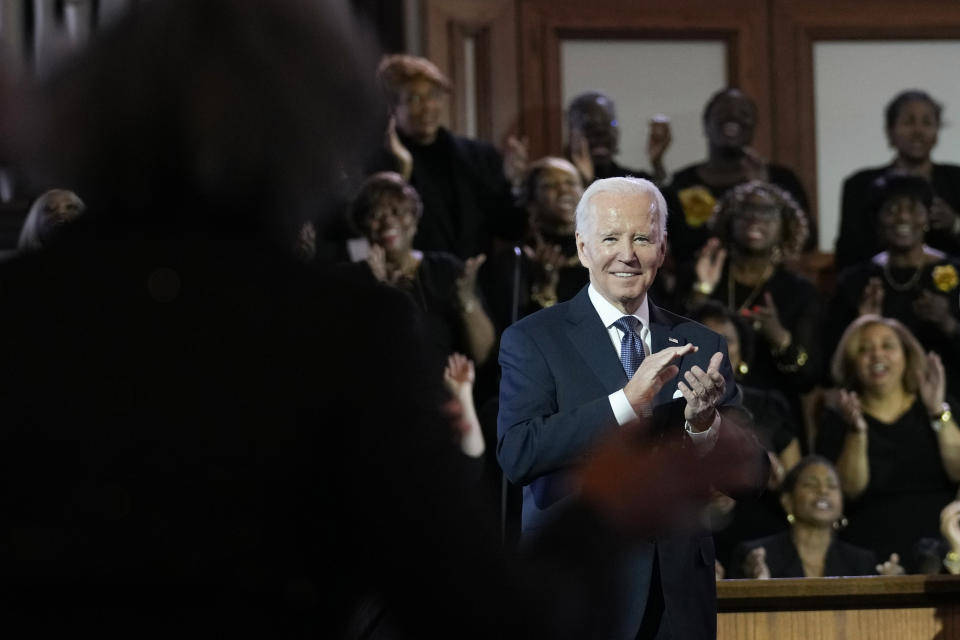 President Joe Biden claps at Ebenezer Baptist Church in Atlanta, Sunday, Jan. 15, 2023, during a service honoring Martin Luther King Jr. (AP Photo/Carolyn Kaster)