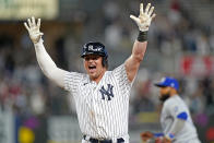 New York Yankees Luke Voit (59) reacts as as Kansas City Royals player leaves the field after hitting walk-off RBI single to give the Yankees a 6-5 win over the Royals in the bottom of the ninth inning of a baseball game, Wednesday, June 23, 2021, at Yankee Stadium in New York. (AP Photo/Kathy Willens)