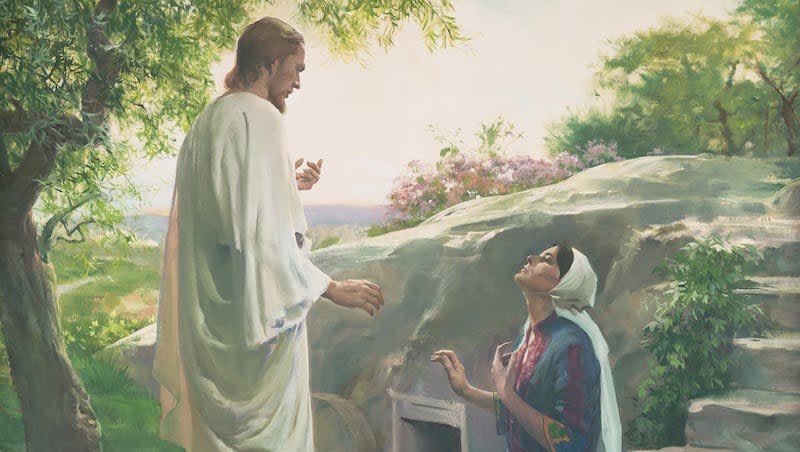 The resurrected Jesus Christ appears to Mary Magdalene at the empty tomb in this painting by Harry Anderson.