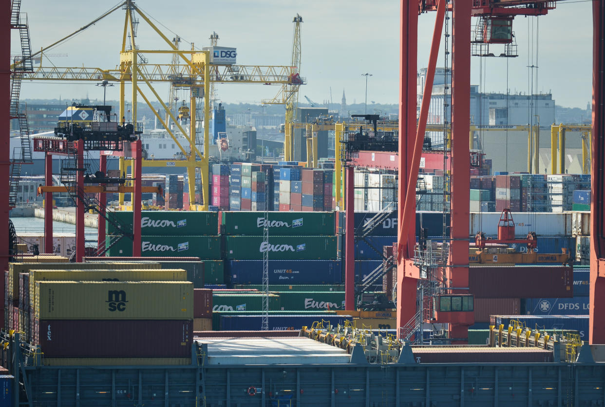 A general view of Dublin container terminals seen from an Irish Ferry 'W.B. Yeats' leaving Dublin Port.
On Thursday, July 15, 2021, in Dublin, Ireland. (Photo by Artur Widak/NurPhoto via Getty Images)