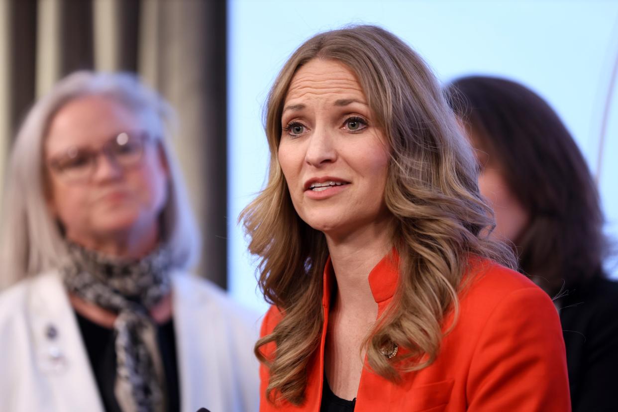 Sen. Carri Hicks speaks April 11 during a news conference with Senate and House Democrats.