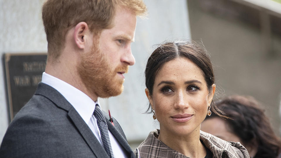 WELLINGTON, NZ - OCTOBER 28: Prince Harry, Duke of Sussex and Meghan, Duchess of Sussex lay ferns and a wreath at the tomb of the Unknown Warrior at the newly unveiled UK war memorial and Pukeahu National War Memorial Park, on October 28, 2018, in Wellington, New Zealand. The Duke and Duchess of Sussex are on their official 16-day Autumn tour visiting cities in Australia, Fiji, Tonga and New Zealand. (Photo by Rosa Woods - Pool/Getty Images)