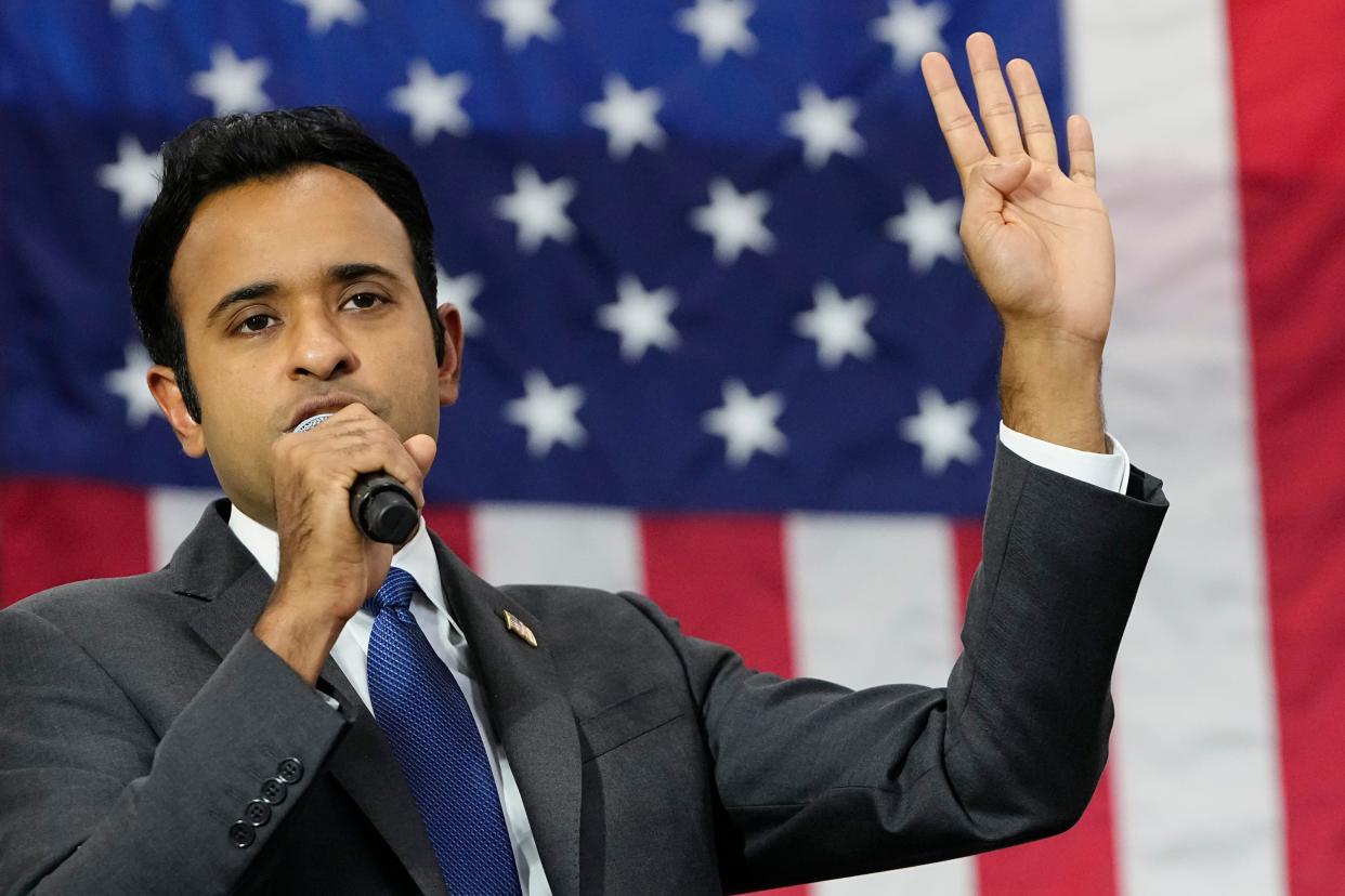 Presidential candidate Vivek Ramaswamy speaks about his play for the United States to declare economic independence from China during a rally at Axium Packaging near Columbus.