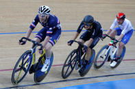 Cycling - UCI Track World Championships - Men's Omnium, Points Race - Hong Kong, China – 15/4/17 - France's Benjamin Thomas competes with New Zealand's Aaron Gate and Italy's Simone Consonni. REUTERS/Bobby Yip