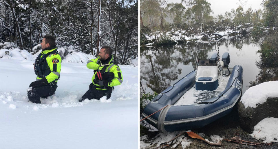 Photo of officers making their way through deep snow, and a dinghy filled with ice in Tasmania.