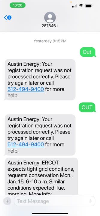 Text message error from Austin Energy (Courtesy Jennifer Walker)