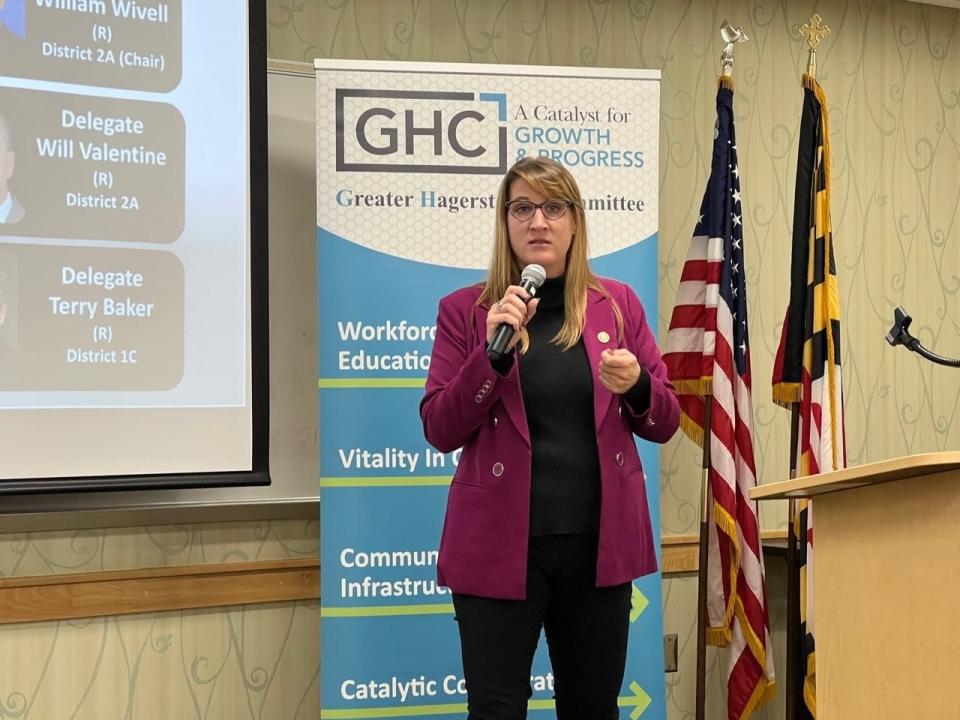 Del. Brooke Grossman, D/Washington, speaks during a breakfast hosted by the Greater Hagerstown Committee at Hagerstown Community College on Nov. 6, 2023.