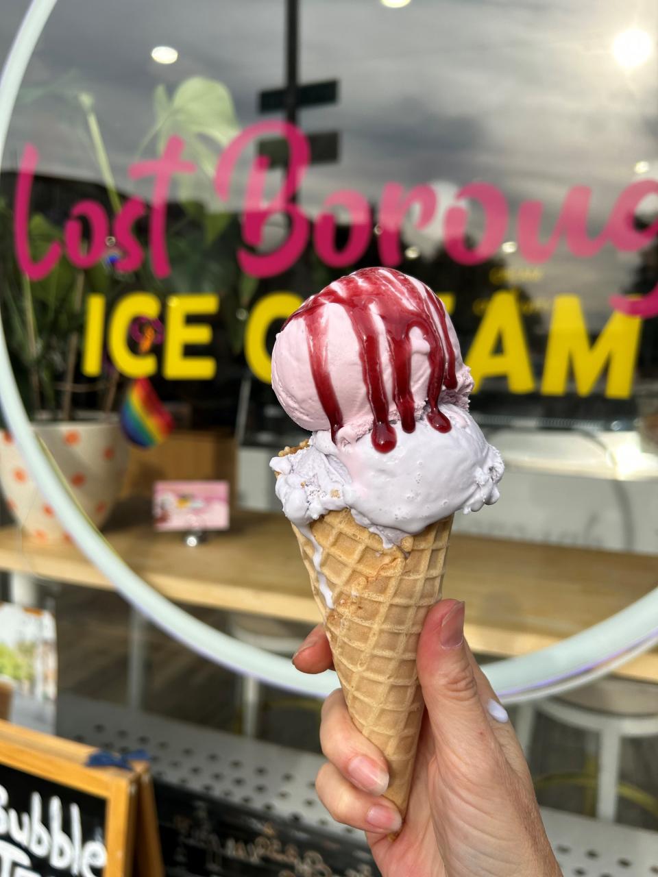 A double scoop of happiness -- in a cone -- from Lost Borough in Yonkers. Photographed May 13, 2023